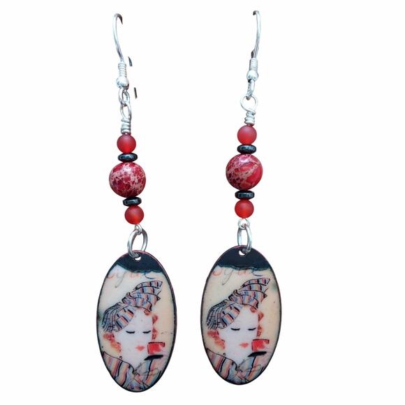 Artisan Copper Oval Statement Earrings Sophisticated Lady Enamel Red Jasper Bead - Picture 1 of 9